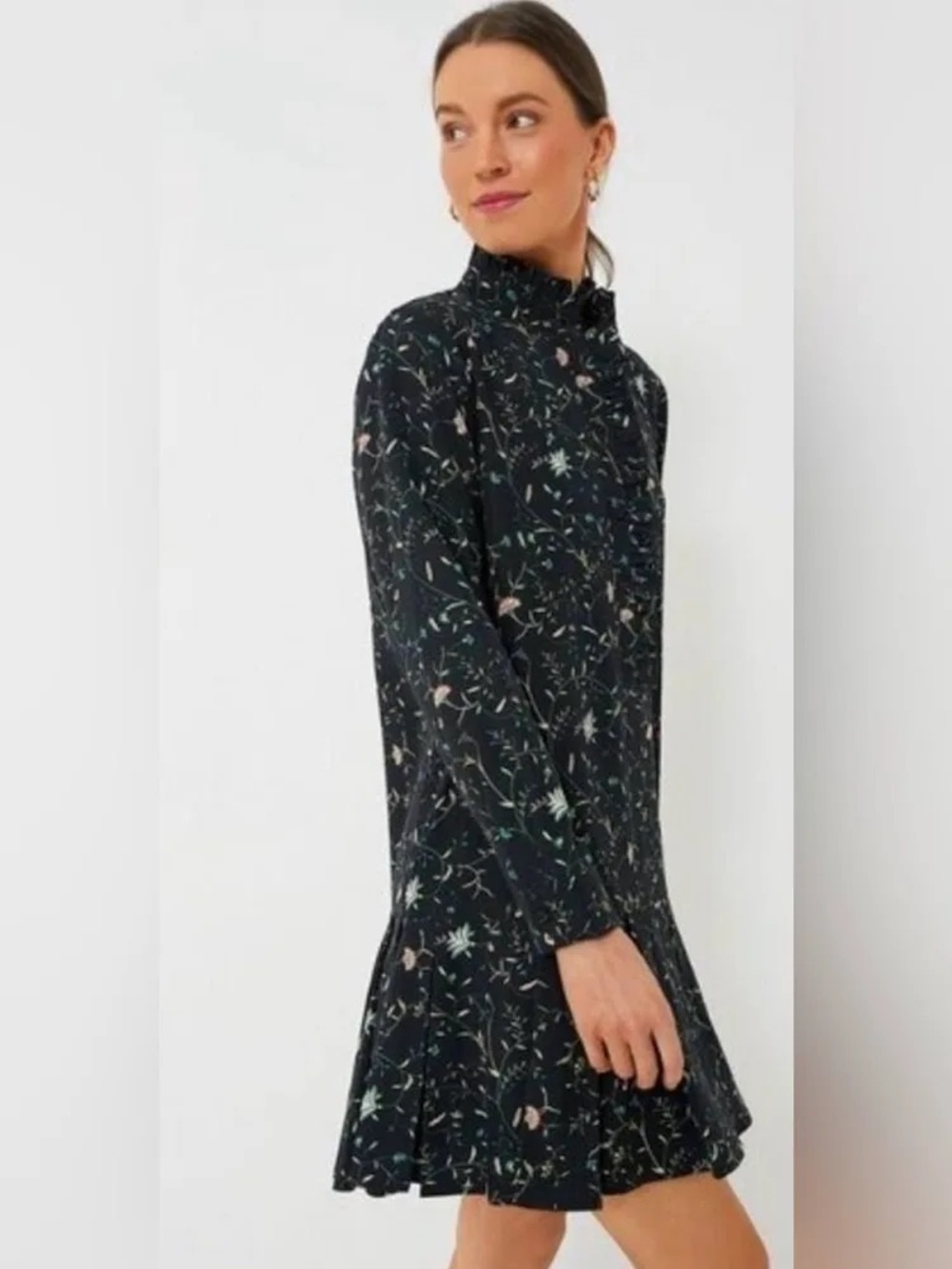 Tuckernuck Black Floral Mock-Neck Long-Sleeve Ruffle-Hem Dress